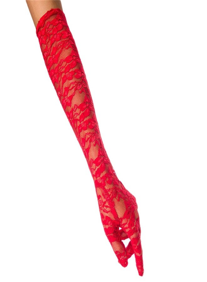 Seeksmile Women's 19" Elbow Length Sheer Lace Print Floral Gloves for Wedding Opera Party 1920s Flapper Cosplay (Red)